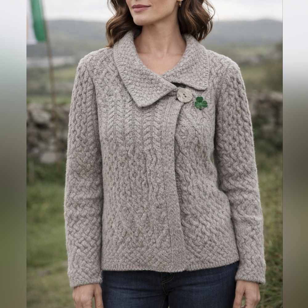 Aran Crafts Irish Merino Wool Cable Knit Gray Cardigan Sweater‎ Small Like New